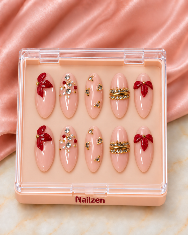 Maroon Bow Pearl Press-On Nails