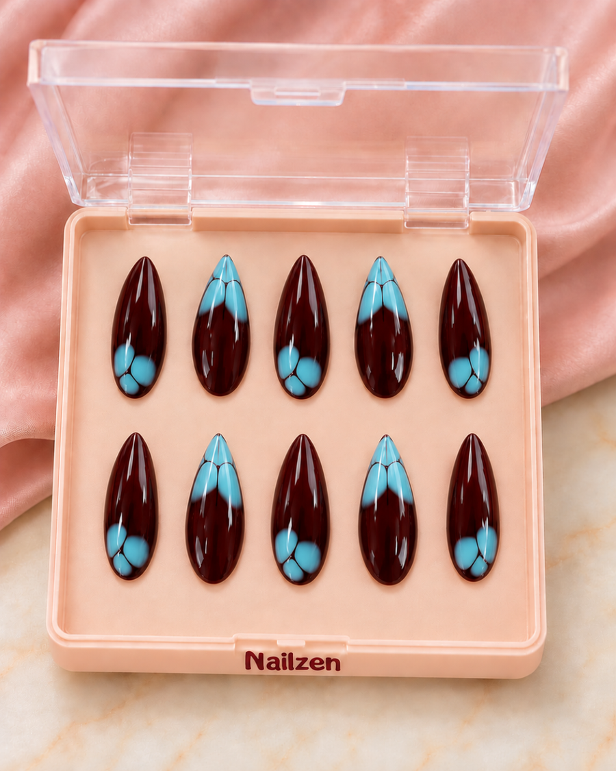 Choco Sky brown and turquoise press-on nails