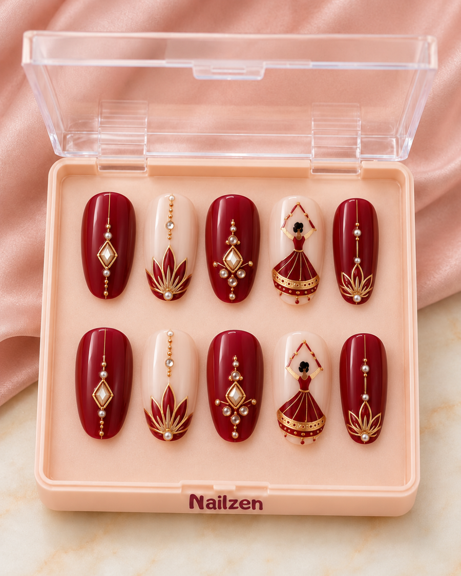 Crimson Diya Gold press-on nails