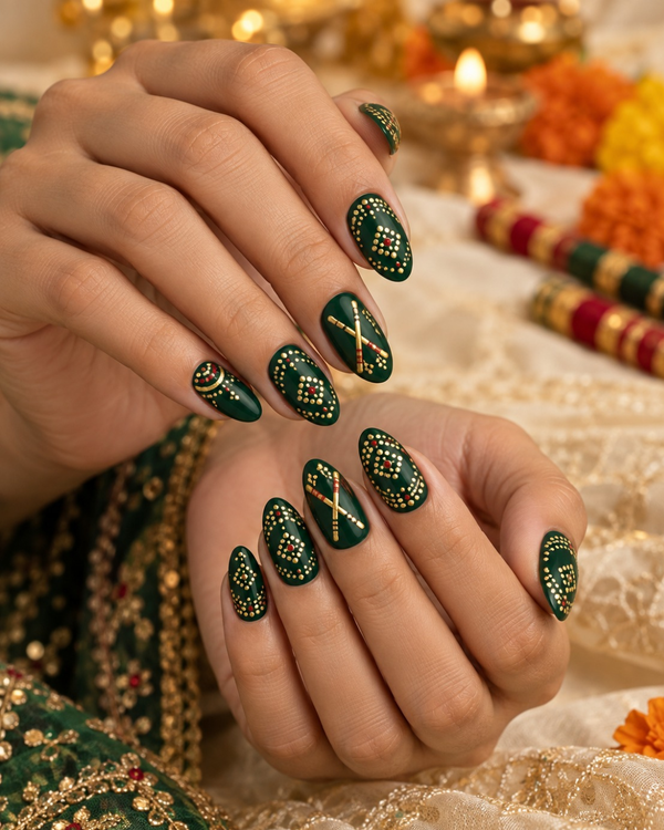 Emerald Dandiya Gold Press-On Nails