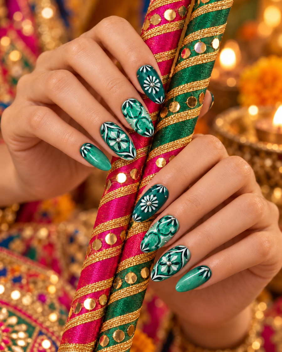 Emerald Garba Bloom Navratri press-on nails worn on hand
