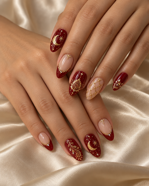 Chand Mehndi Maroon festive nails