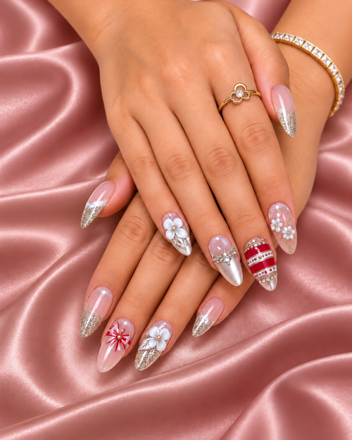 Silver Shimmer Bloom festive nails