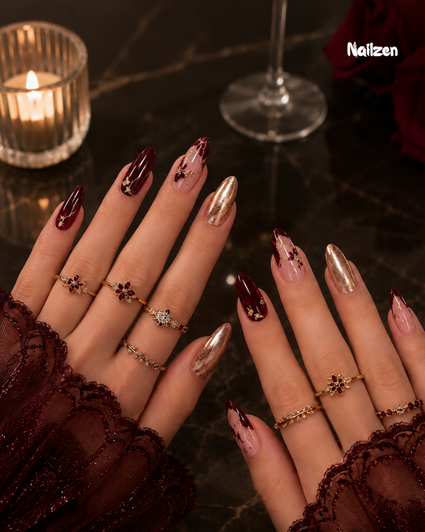 Ruby Vine Chrome press-on nails - burgundy nails with gold vine art and rose gold chrome accent nail