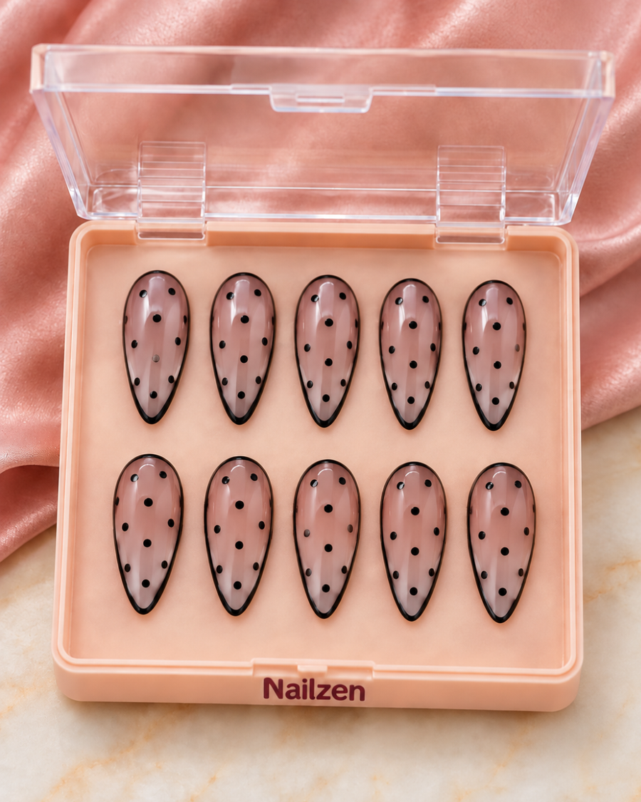 Noir Polka Blush press-on nails