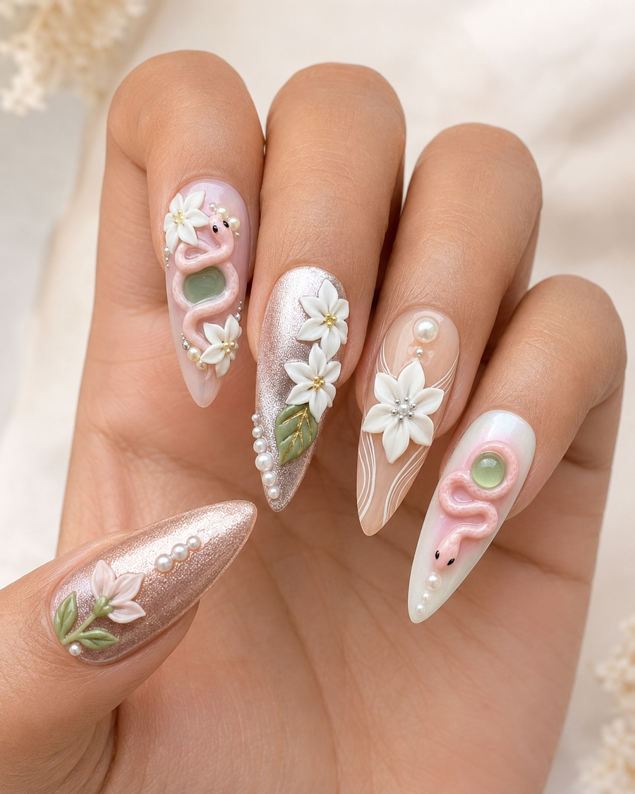 Serpent Lily press-on nails on hand