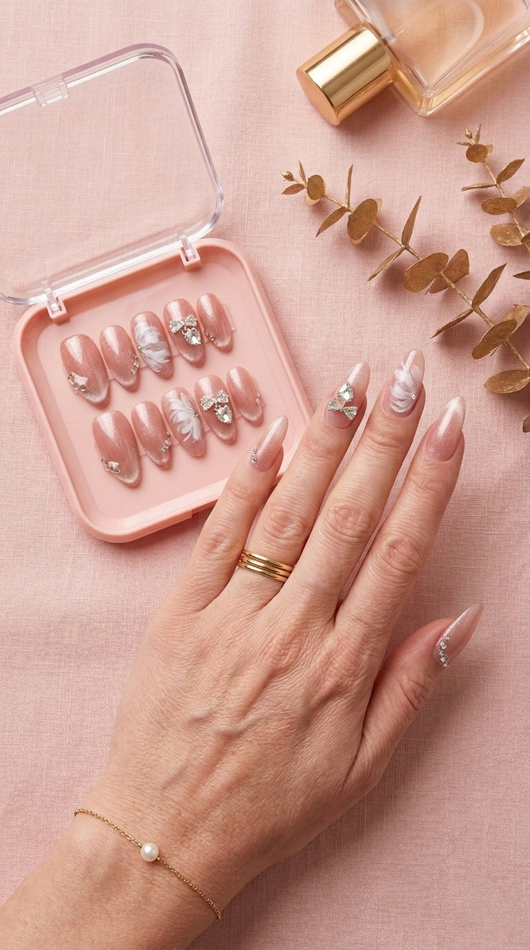 Applying press-on nails step by step - NailZen Crystal Blush set