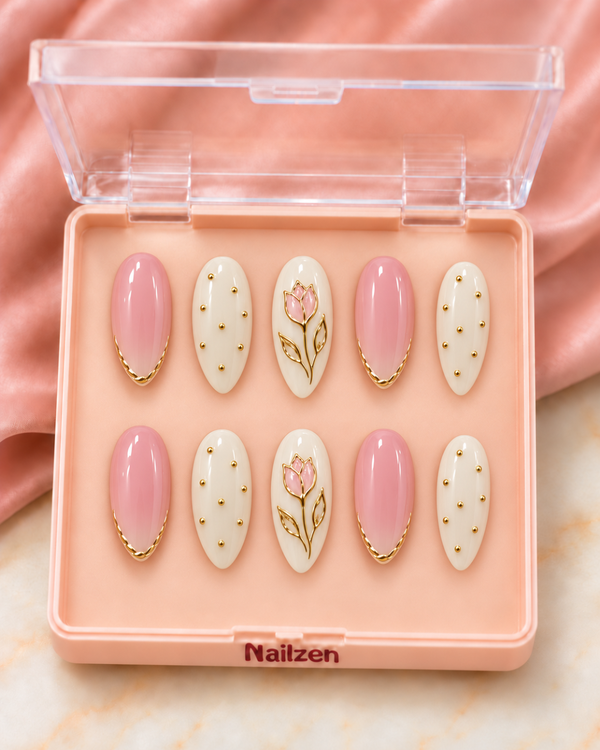 Ivory Tulip Gold Press-On Nails