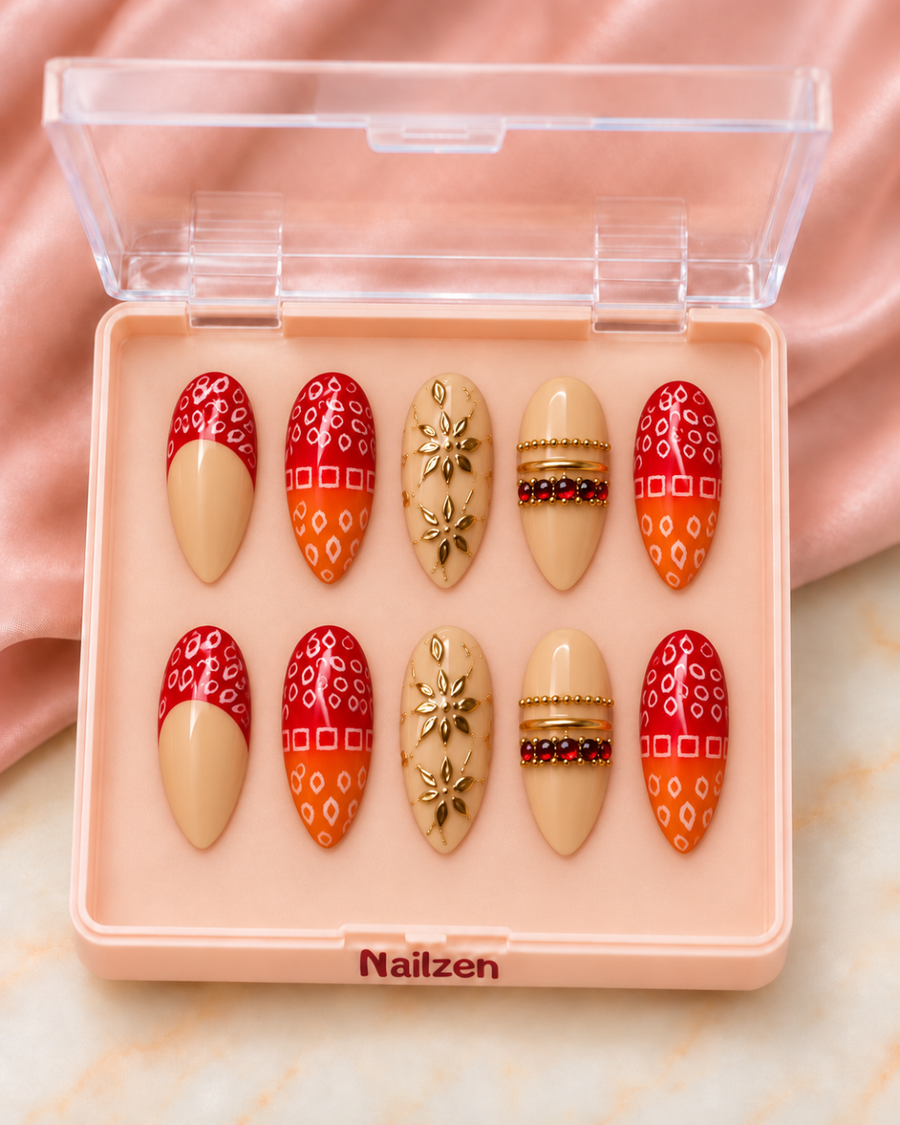 Bandhani Rust Gold Press-On Nails