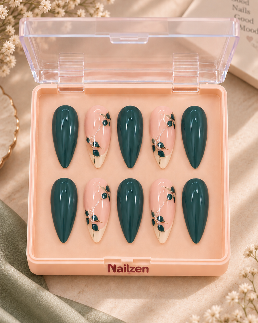 Auric Muse emerald gold leaf press-on nails