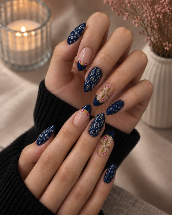 Bandhani Navy Gold press-on nails