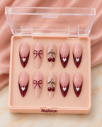 Blush Noir Bloom pink and black floral press-on nails box