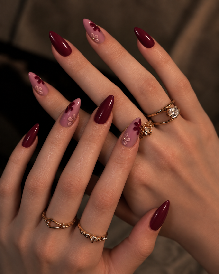 Burgundy Bloom wine floral press-on nails