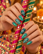 Emerald Garba Bloom Navratri press-on nails worn on hand