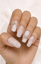 Ivory Baroque press-on nails on hand