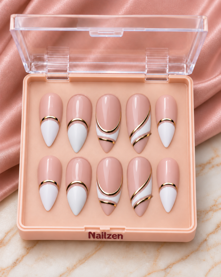 Ivory Gold Marble press-on nails