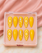 Marigold Bandhani Yellow press-on nail set in box