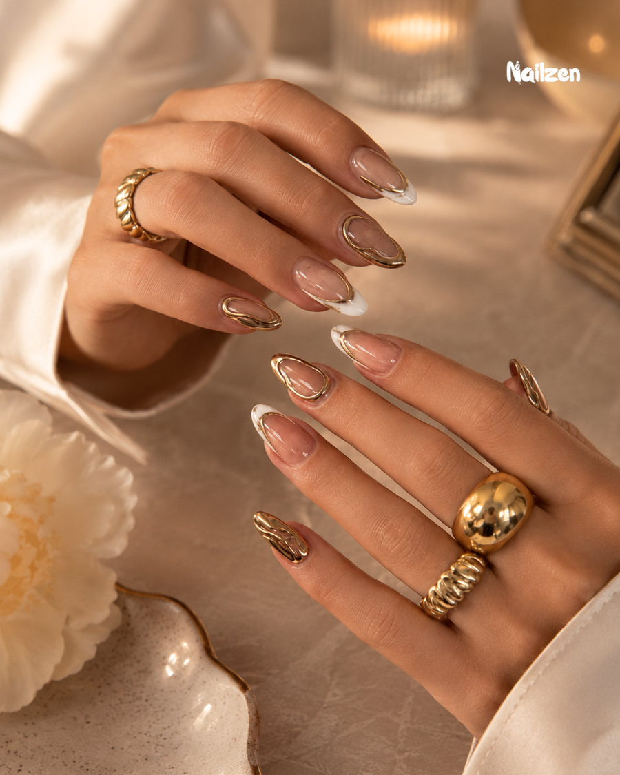 Gold Wire French press-on nails - gold wire outline nails with white tip accent