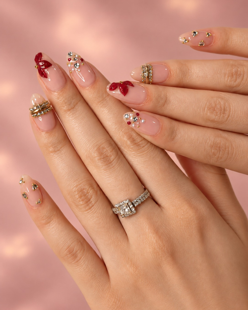 Maroon Bow Pearl festive nails