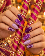 Rani Bandhani Violet Navratri press-on nails worn on hand