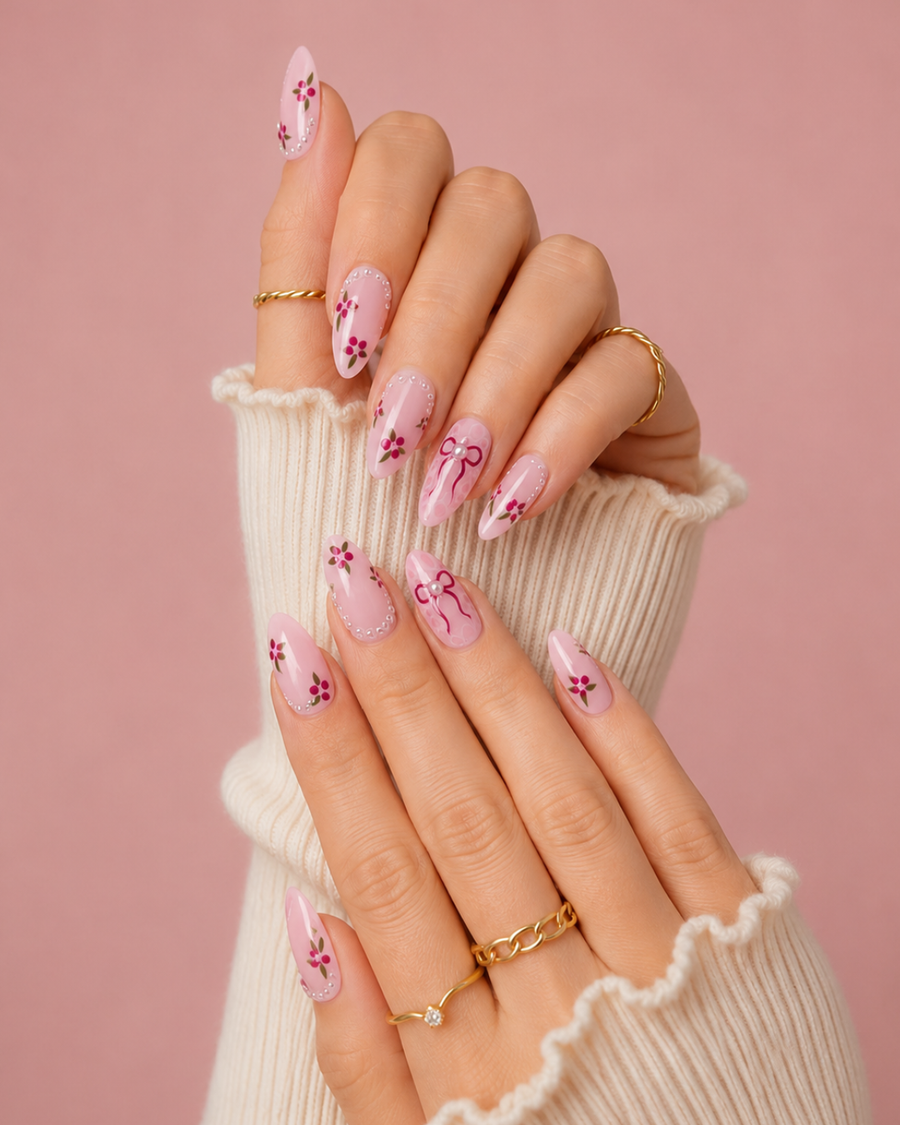 Rose Glint pink floral gloss press-on nails