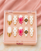 White Lotus Gold press-on nail set in box