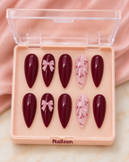 Wine Ribbon Bloom burgundy bow press-on nails